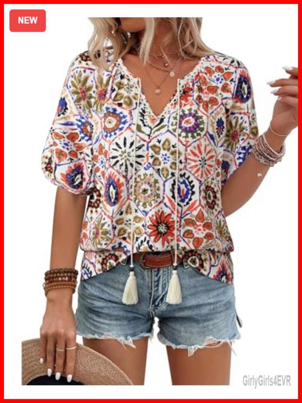 Womens Boho Floral Blouse V Neck Tie Front Puff Sleeve Flowy Top